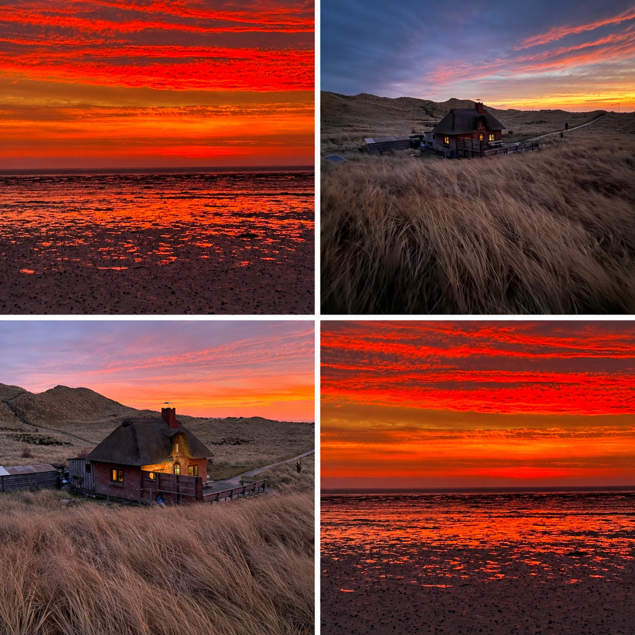 Collage mit Sonnenuntergängen am Meer und einem Haus zwischen Dünen